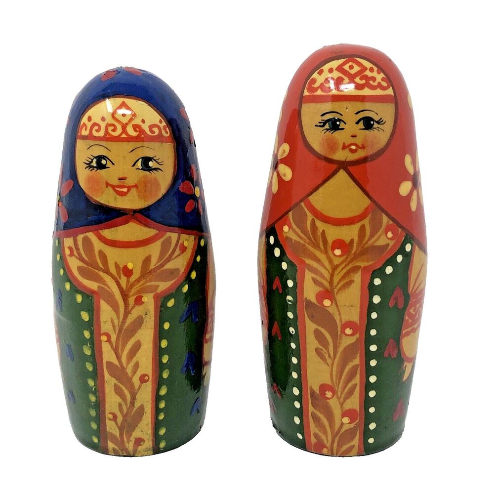 Matryoshka Russian Chime Doll Vintage Hand Painted Roly Poly Folk Art Set of 2